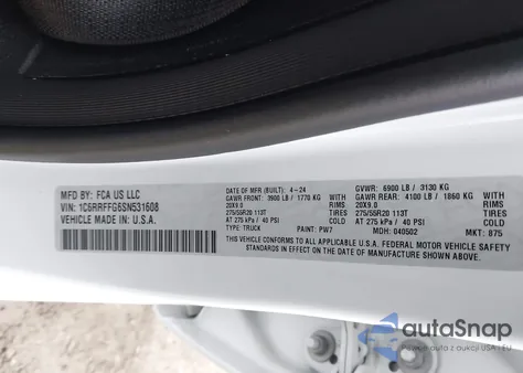 2025 Ram 1500 Big Horn 4X4 5'7 Box z USA, uszkodzony, nr VIN 1C6RRFFG6SN531608